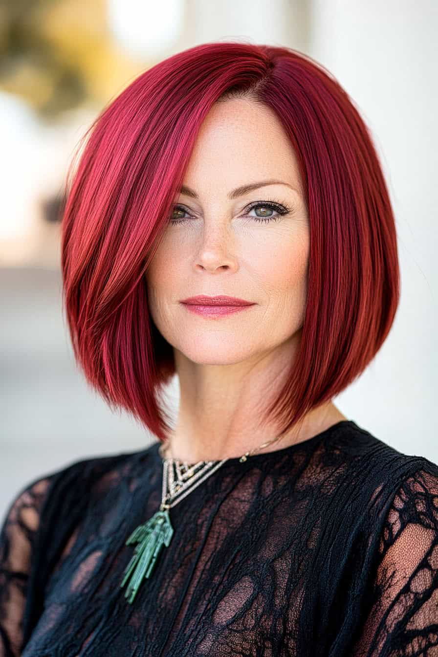 Woman with red bob haircut styled in a sleek straight bob, adding elegance and polish to her fine hair.