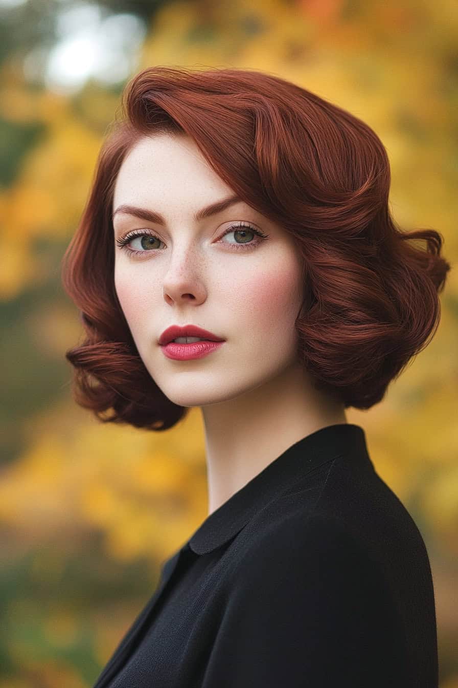 Woman with vintage-inspired brunette bob hairstyle, featuring side-parted and curled ends for timeless elegance.