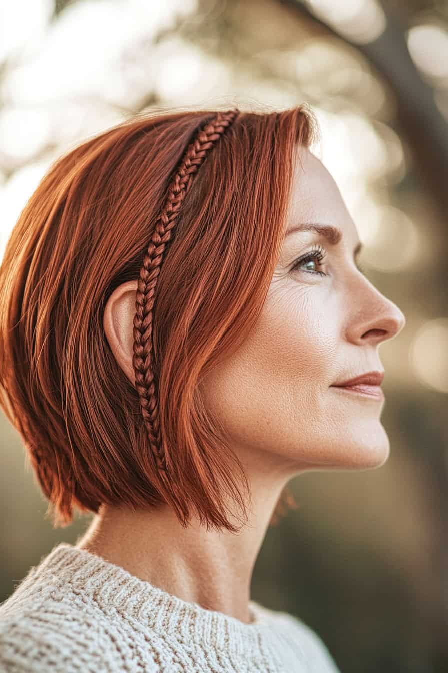 Woman with red bobcut hairstyle featuring creative braids, adding volume and a playful touch to her fine hair.