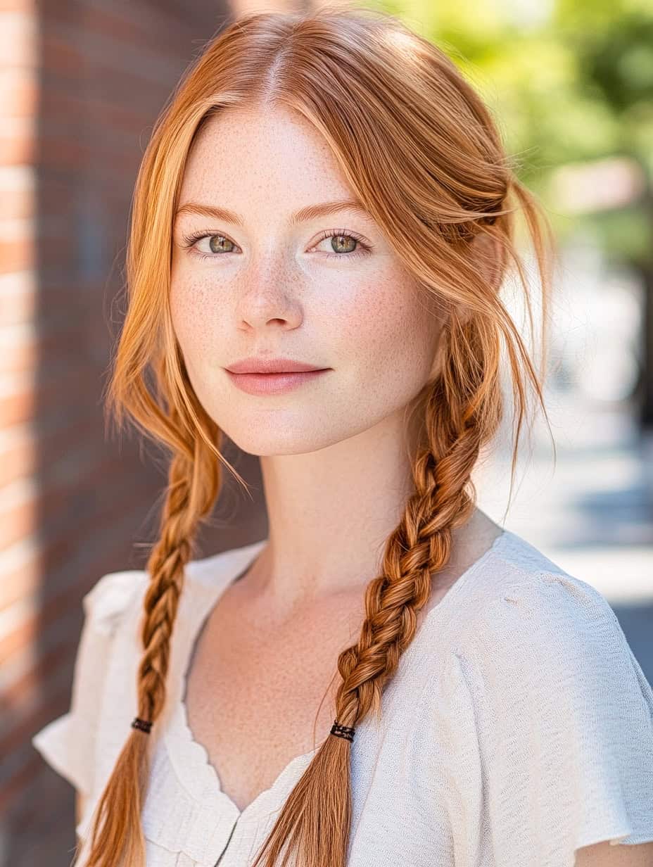 Woman with red braided hair styled in playful pigtails, complementing an oval face shape.