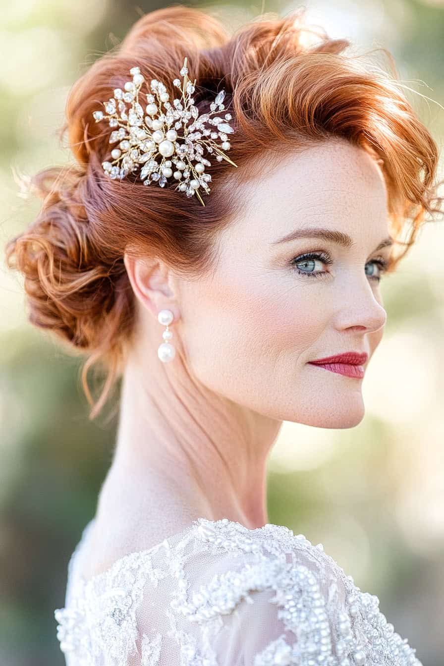 Woman with red bun hairstyle styled with elegant hairpins, adding a touch of sophistication and complementing her glasses.