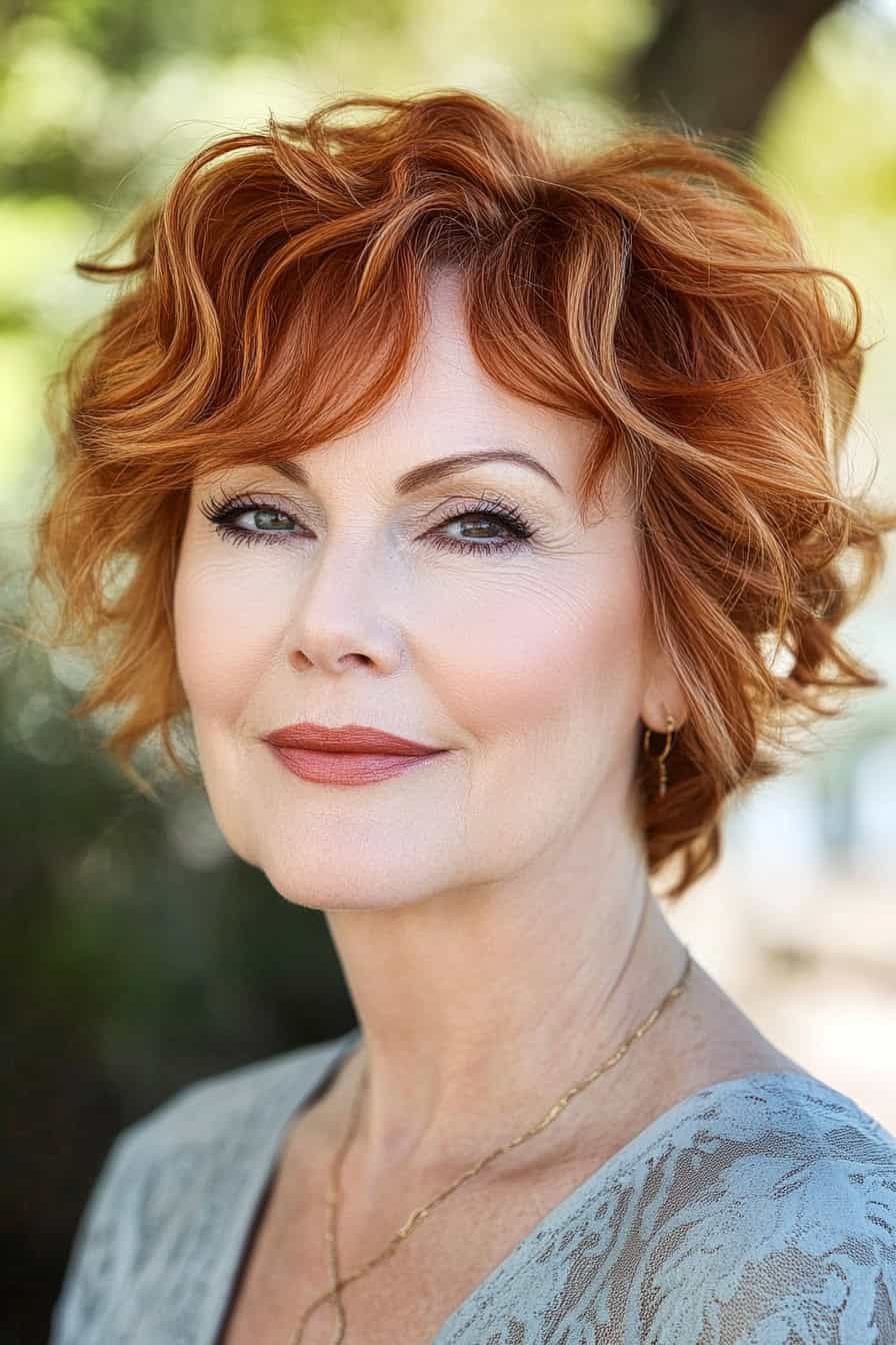 Woman with red curls styled in a classy soft wave crop, adding volume and elegance to her look.