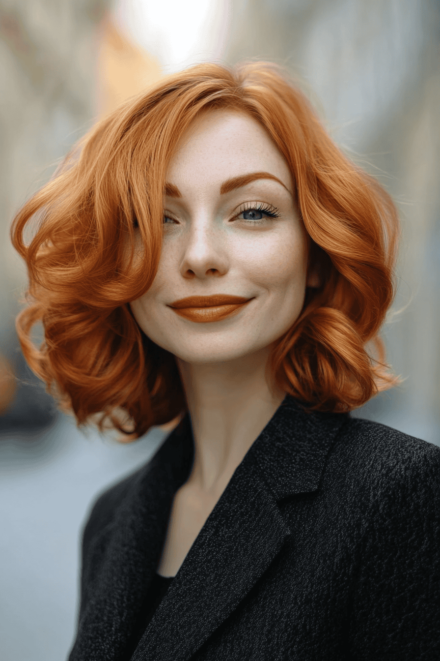 Auburn-haired woman in a black blazer, radiating confidence against an urban background.