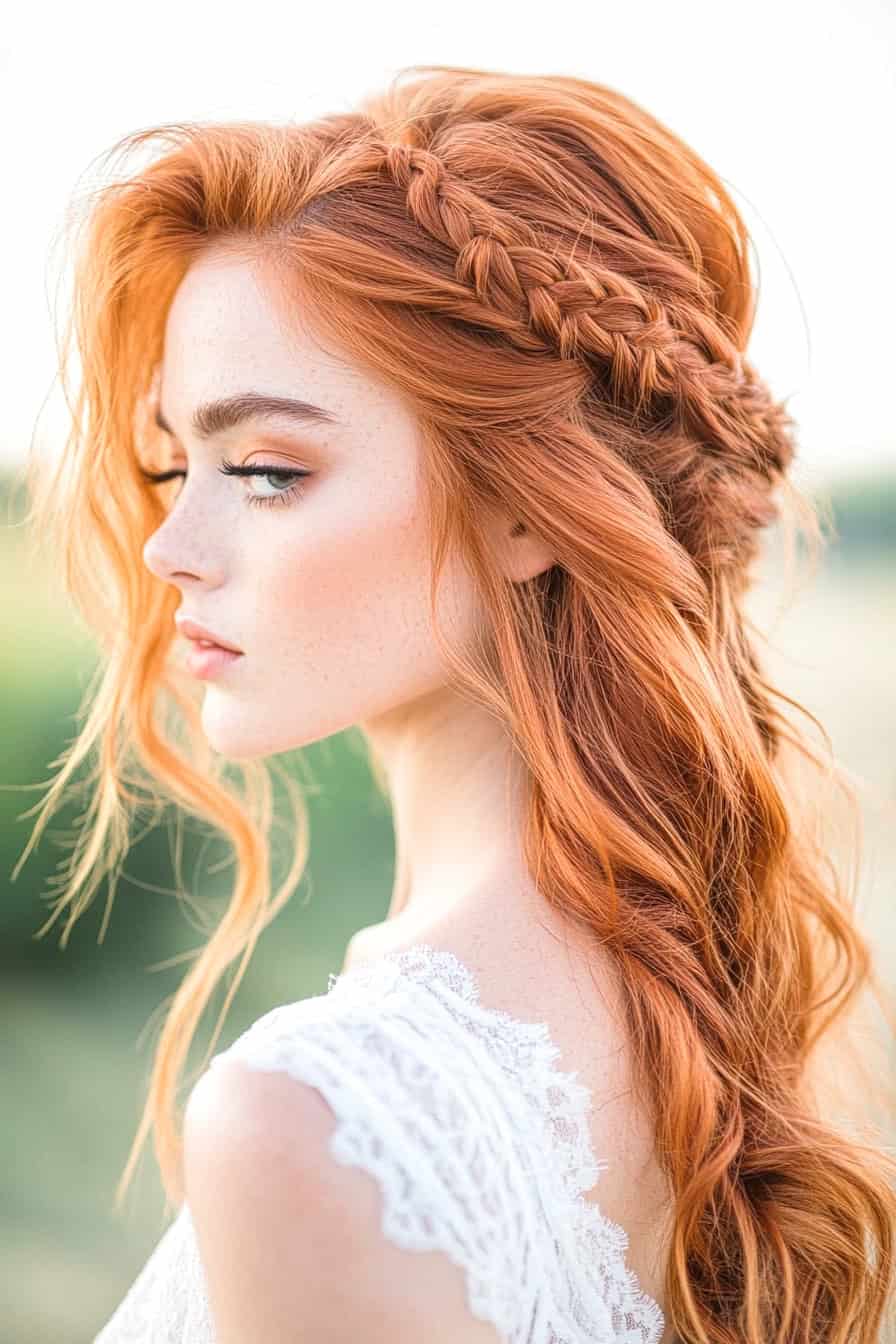 Woman with red hair and curls styled in half-up braided beach waves, combining sophistication and carefree spirit.