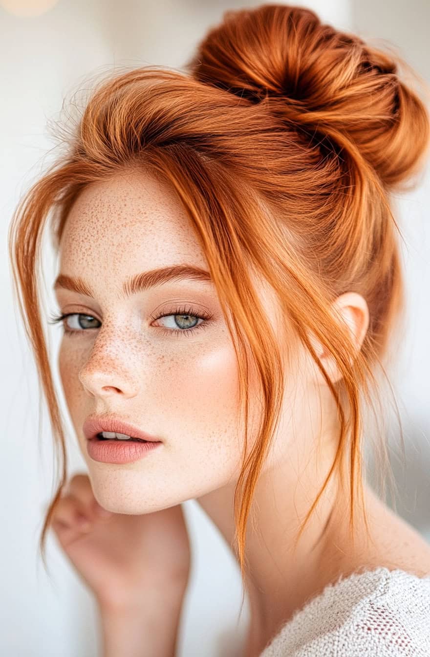 Woman with red hair in a loose messy bun, offering an effortless and chic casual look.