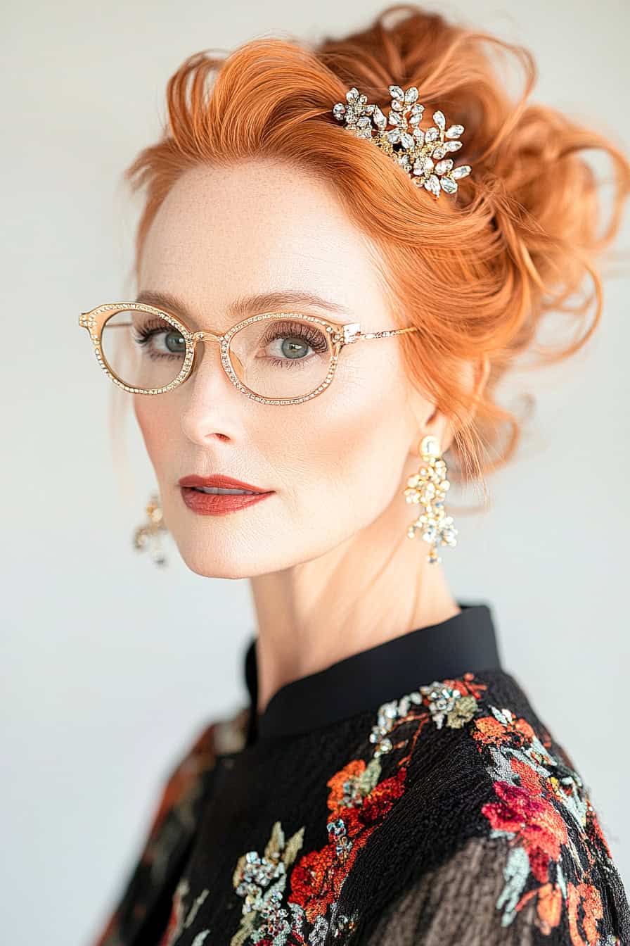 Woman with red hair styled in an elegant updo adorned with hair clips, adding flair and complementing her glasses.