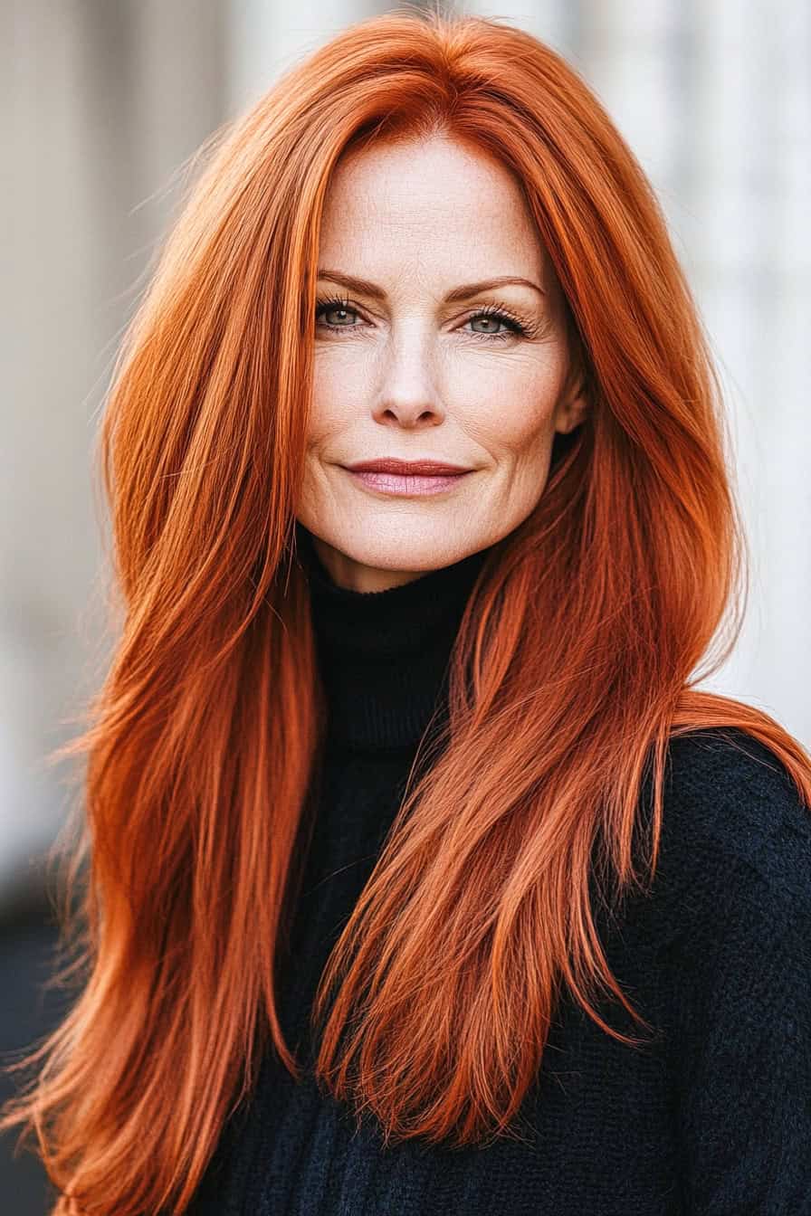 Woman with red hair styled in straight long hair with face-framing layers, adding elegance and volume.