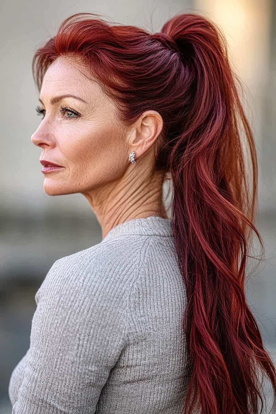 Woman with red high ponytail styled in a long layered ponytail with volume, adding glam and control to her look.