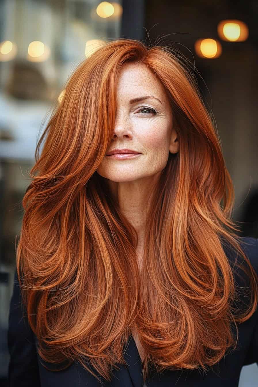 Woman with long red hair styled in a refined long layered look, adding depth and dimension to mature hair.