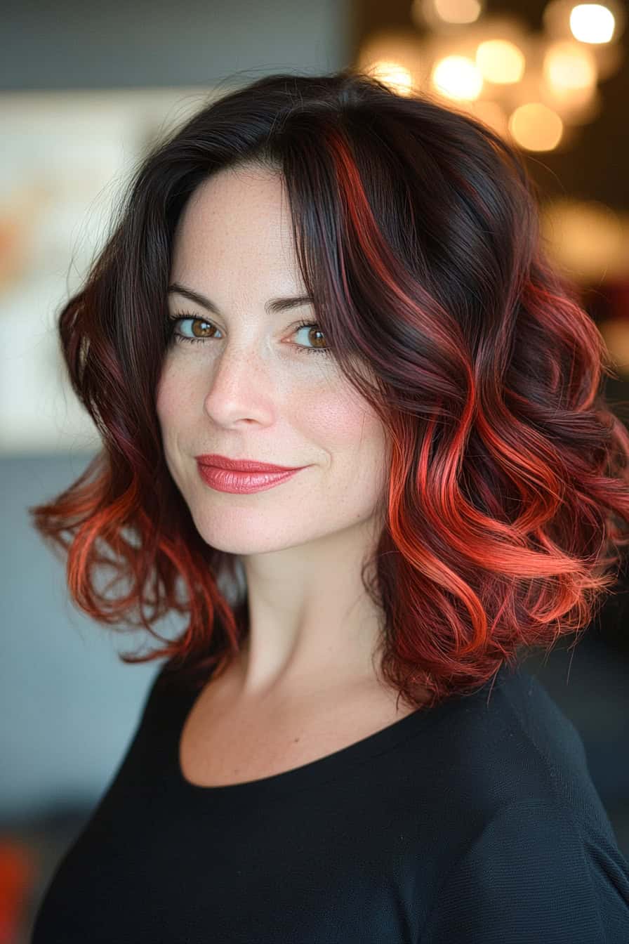 Woman with bold ombre hair color featuring a dramatic transition from deep red roots to vibrant pink ends.