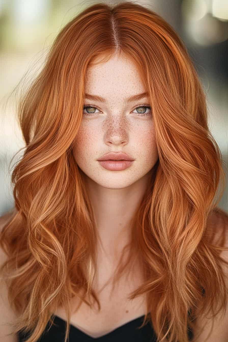 Young woman with flowing red hair and vibrant green-gold eyes, radiating confidence and beauty.