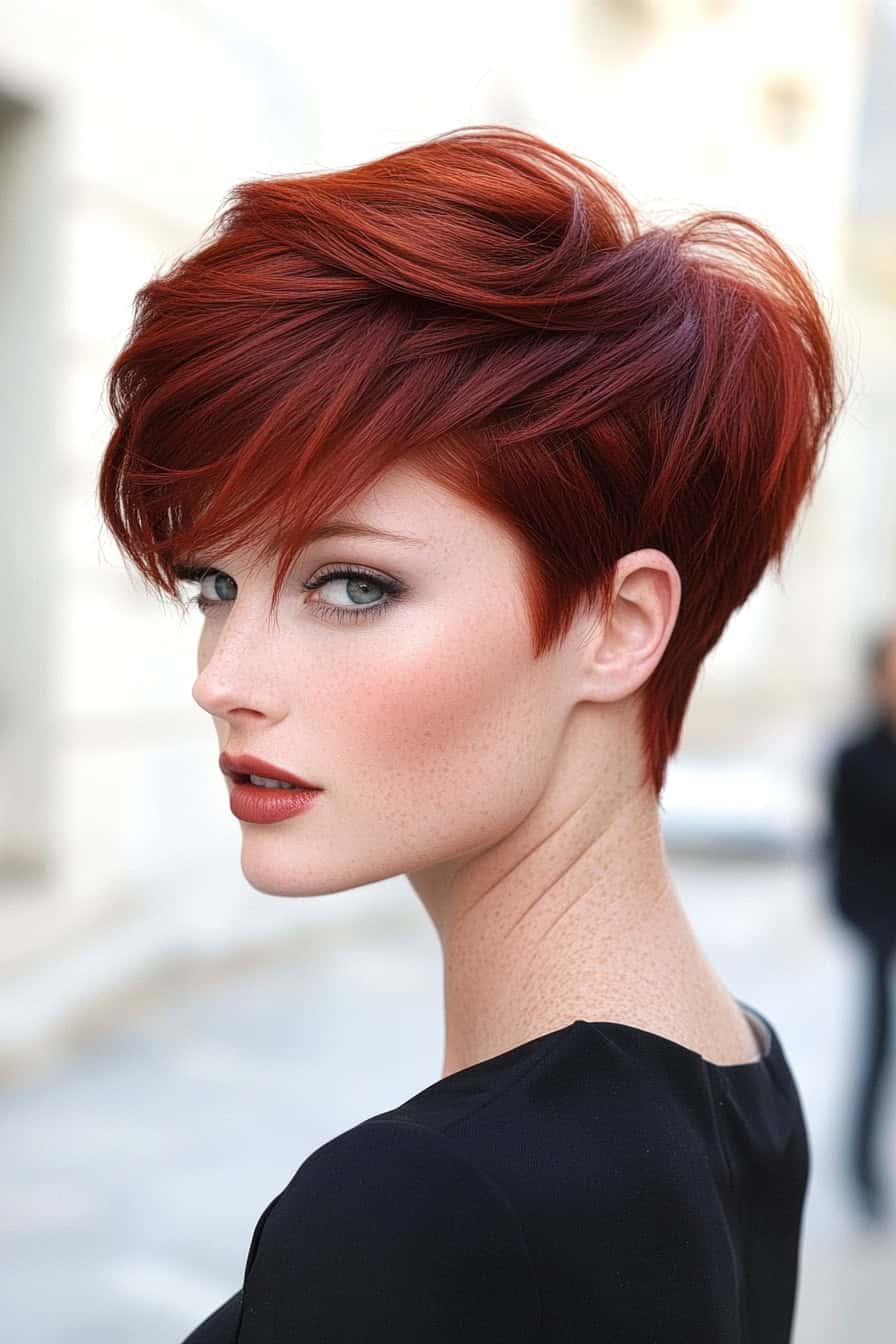 Woman with red pixie haircut styled in a classic brunette tapered pixie, offering a sleek and timeless look.