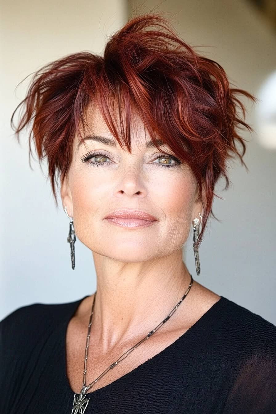 Woman with red textured bob hairstyle styled in a quick styling short shag, adding volume and a breezy vibe.