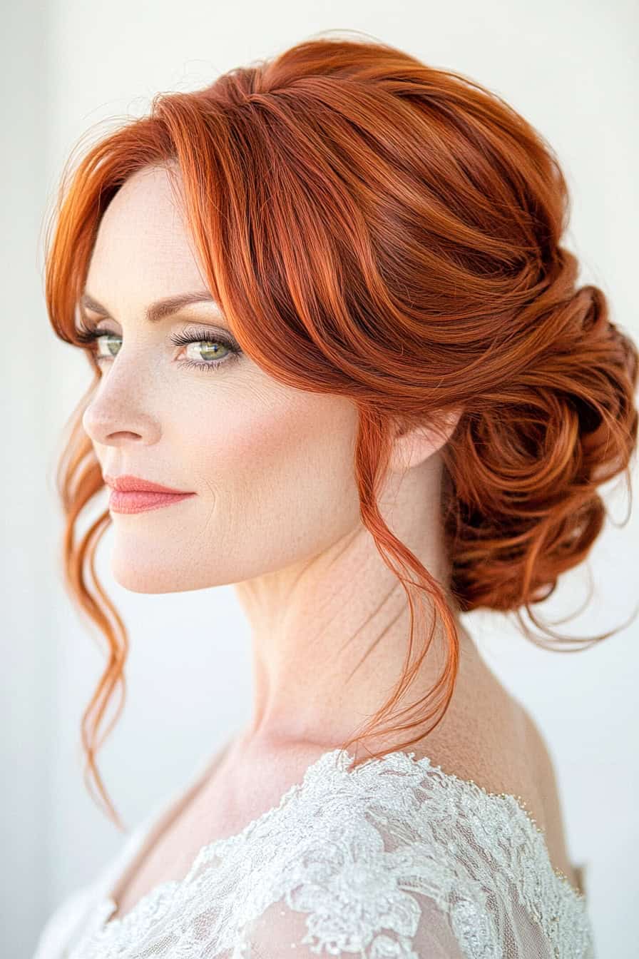 Woman with red updo hairstyle styled in an elegant chignon with layered tendrils, adding sophistication and volume.