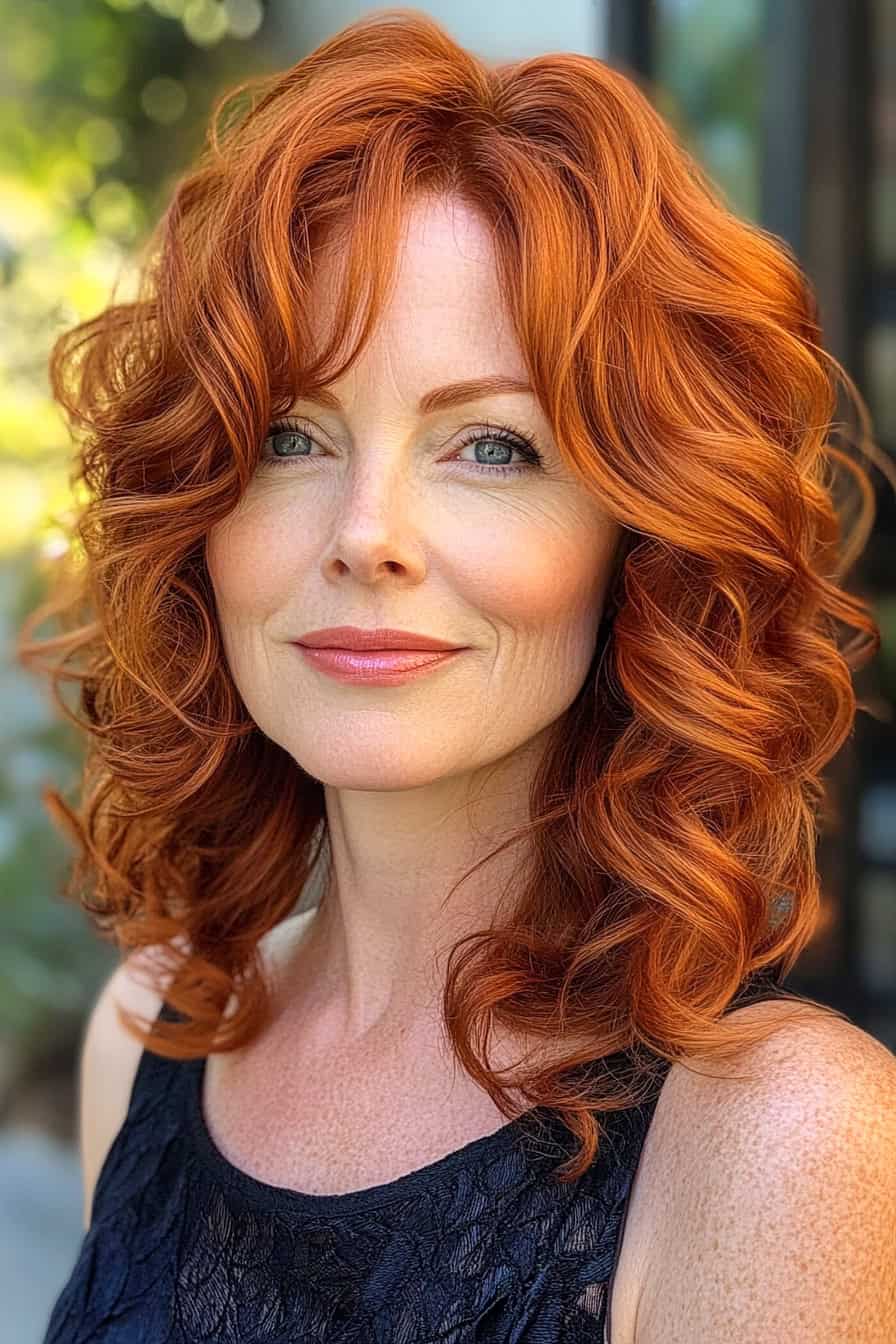 Woman with red voluminous curls styled in soft loose curls, adding body and elegance to her fine hair.