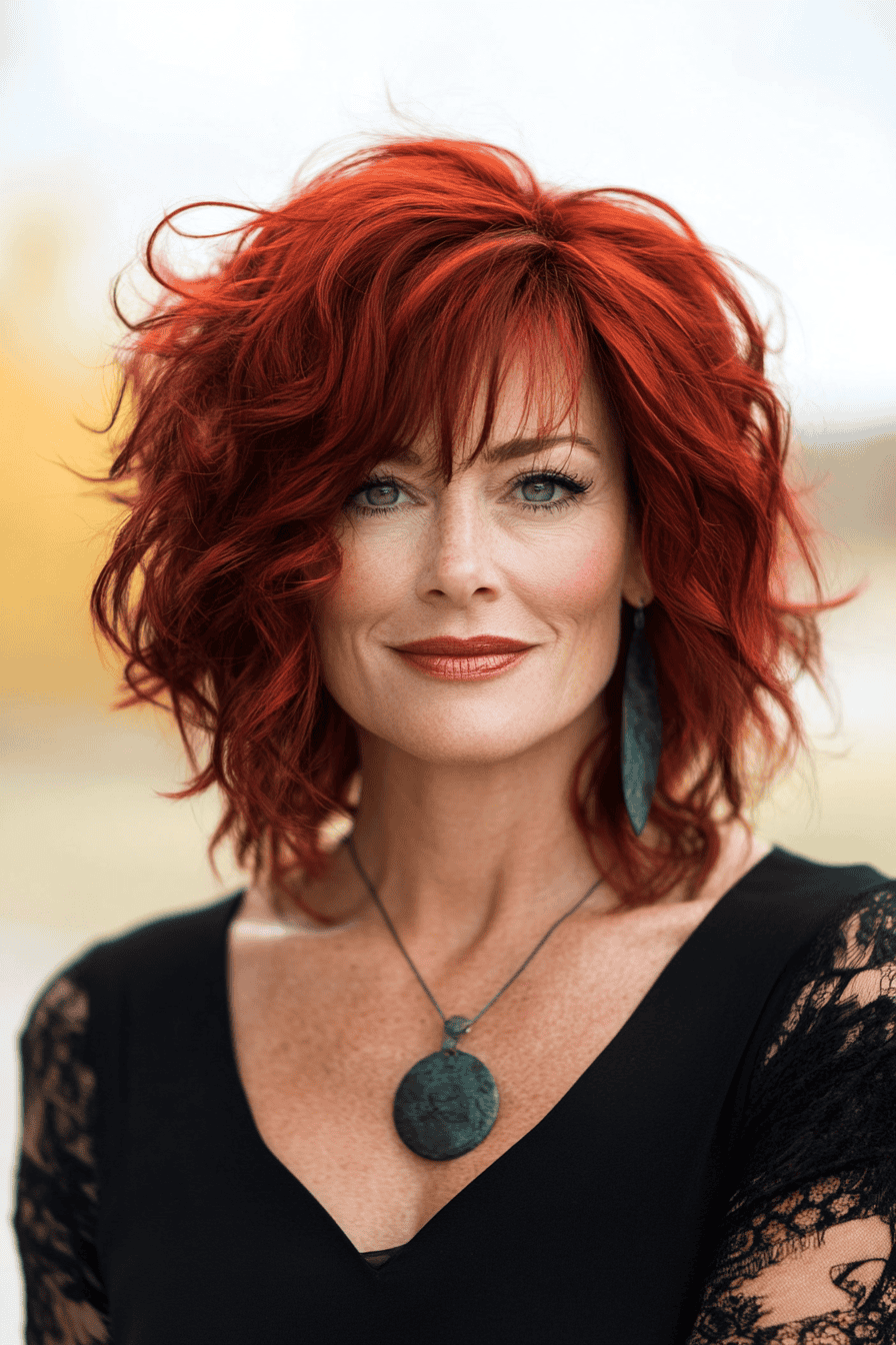 Woman with vibrant red curls and green eyes, wearing a stylish black lace top outdoors.