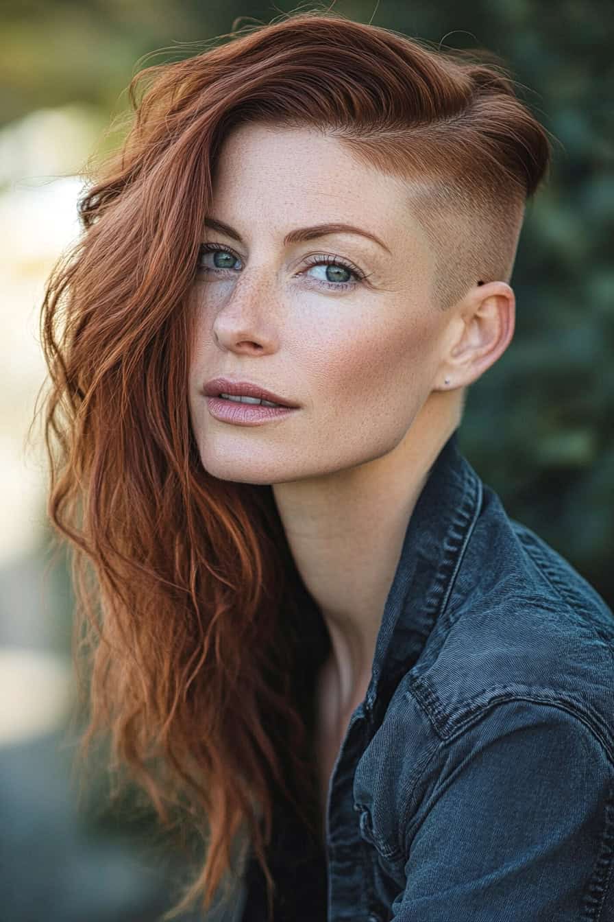 Woman with red waves and a shaved side styled in long layers with a shaved undercut, adding volume and an edgy look.