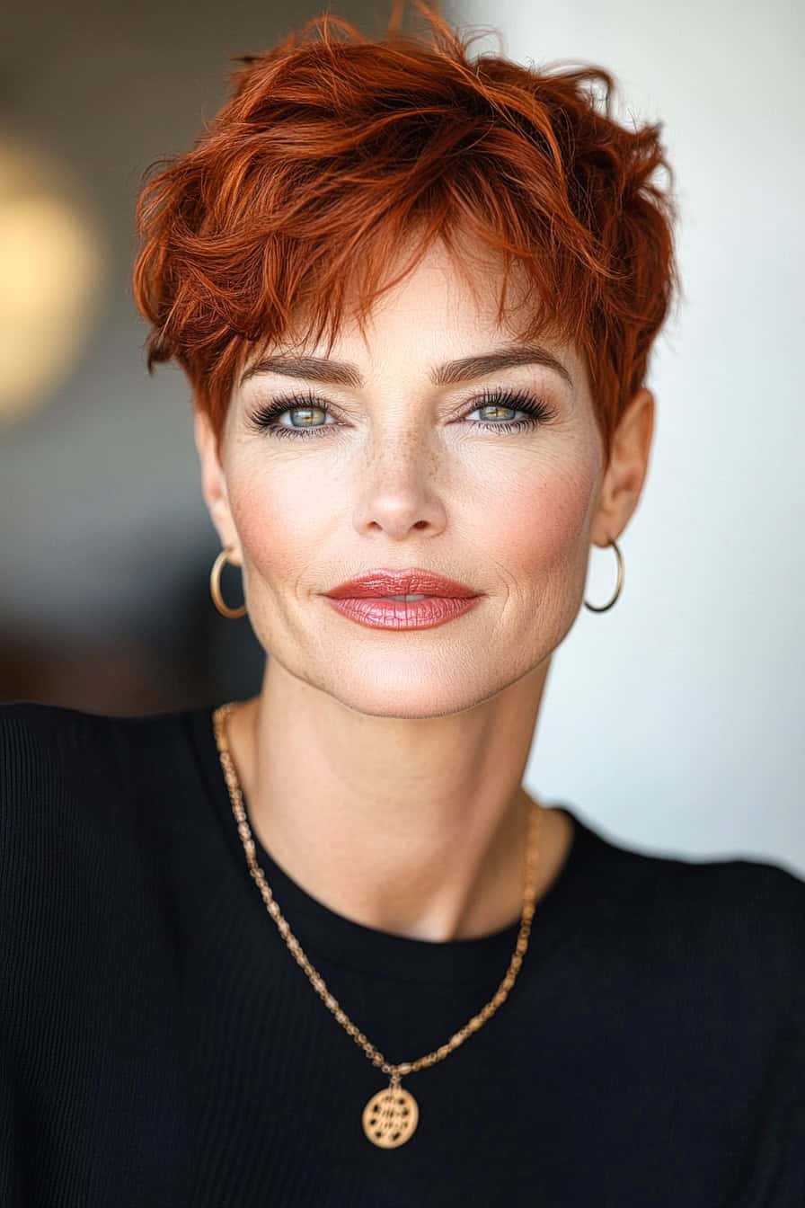 Woman with red wavy hair styled in a simple wash-and-go pixie cut, offering a low-maintenance and voluminous look.