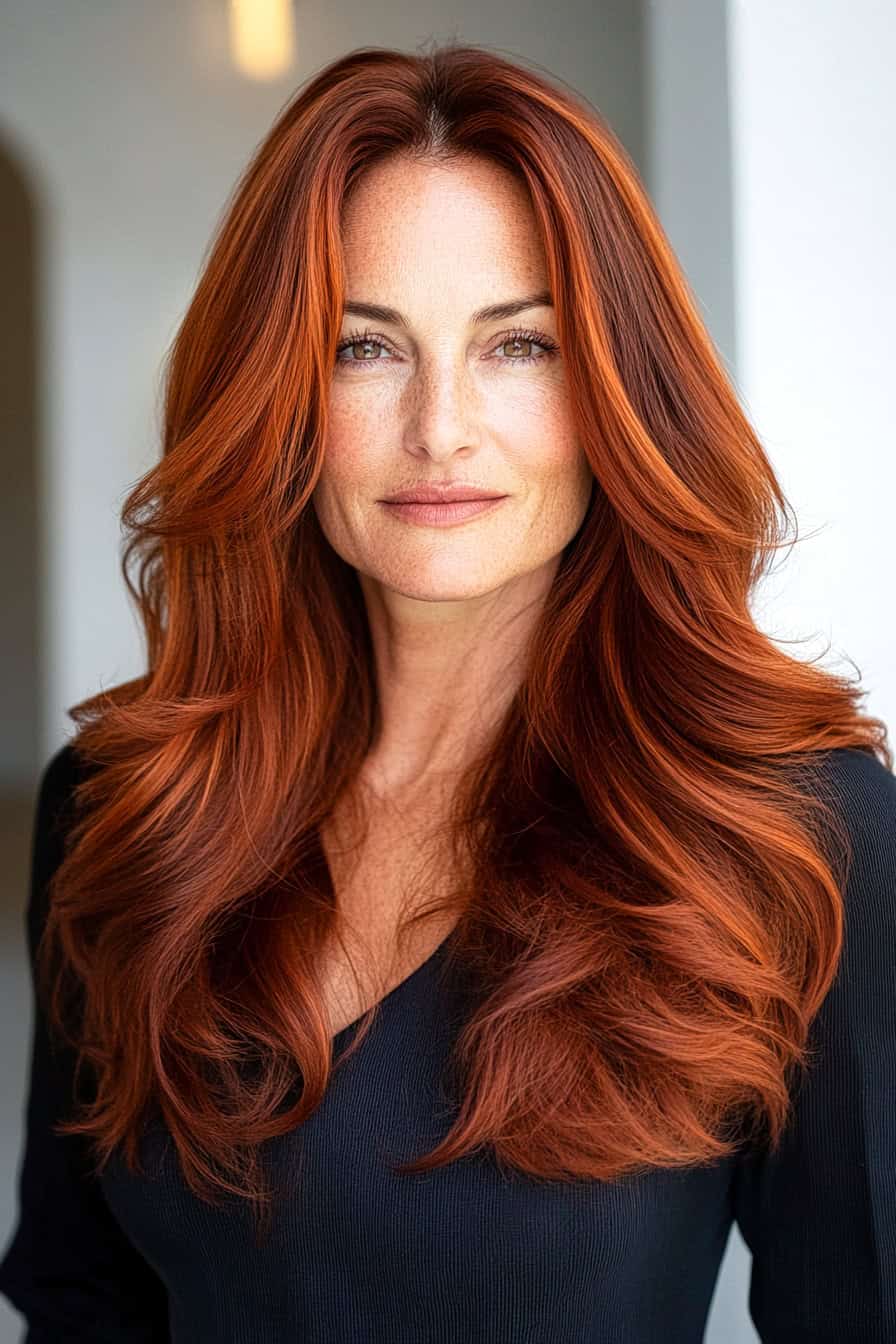 Woman with red wavy hair styled in effortless long layers, adding volume and movement to a busy lifestyle.