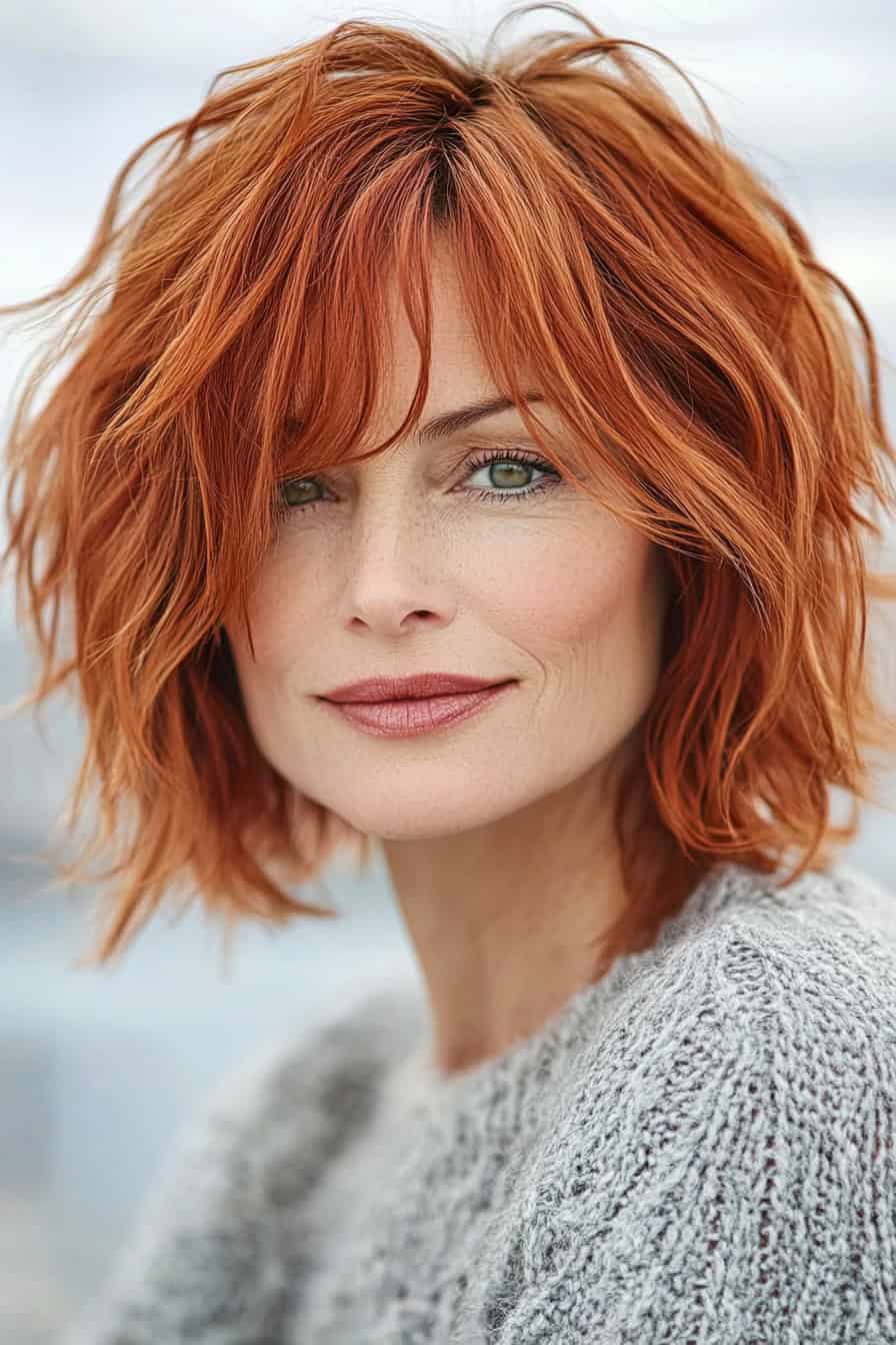 Woman with red wavy hair styled in a chic choppy bob, adding texture and volume to her fine hair.