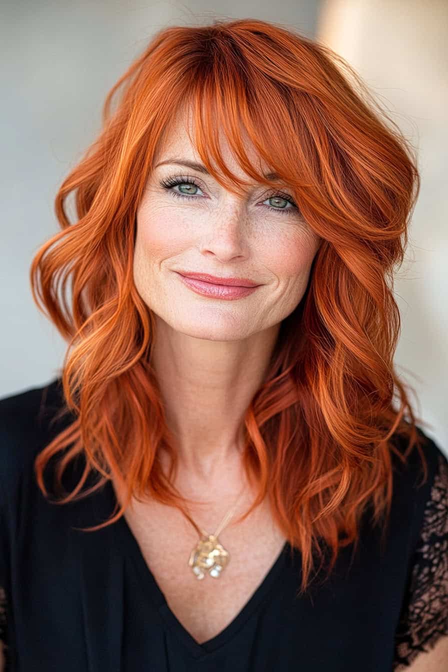 Woman with red wavy hair styled with soft side-swept bangs, adding volume and elegance to her fine hair.