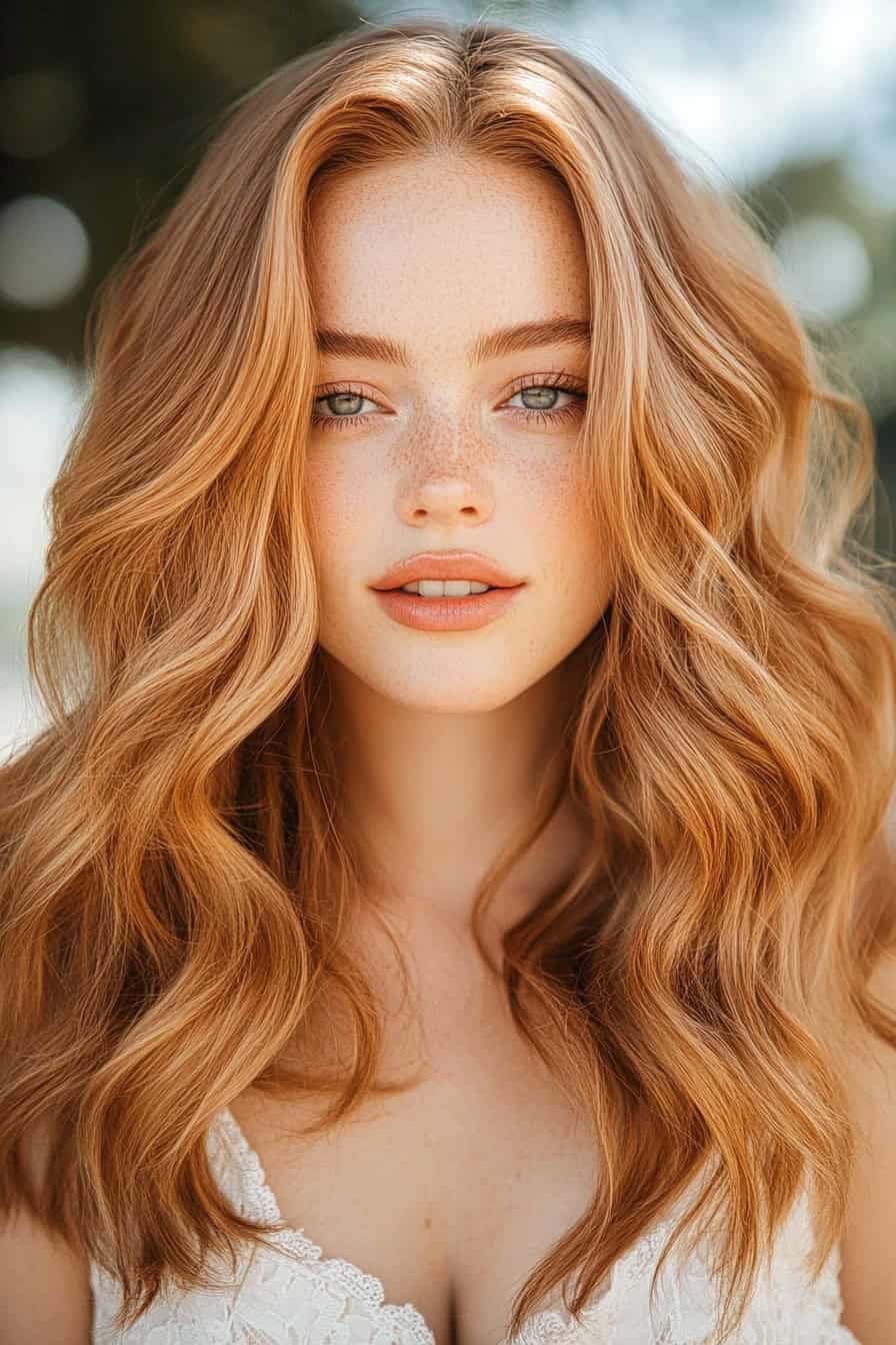 Woman with reddish blonde wavy haircut styled with added volume waves, enhancing fine hair with fullness and texture.