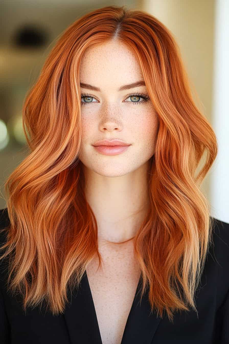 Woman with reddish orange waves styled in American coastal-inspired beach waves, embodying a casual and stylish vibe.