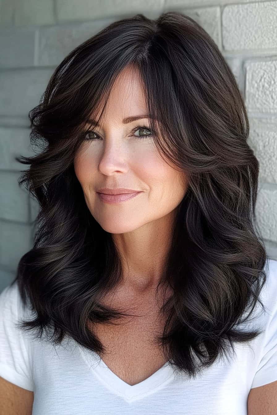 Woman with rich brown waves styled in a timeless layered cut with soft waves, adding volume and classic charm.