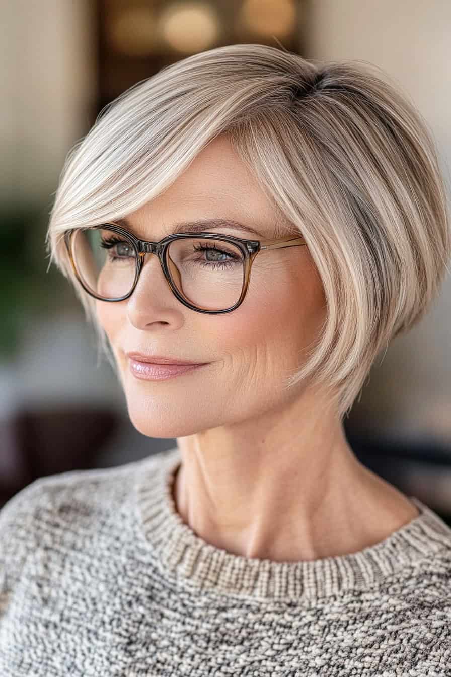 Woman with short blonde bob hairstyle styled in sandy blonde shades, offering a soft glow that complements her glasses.