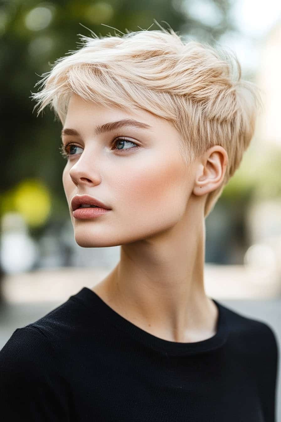 Stylish woman with short blonde pixie cut, highlighting her easy maintenance and sleek appearance.