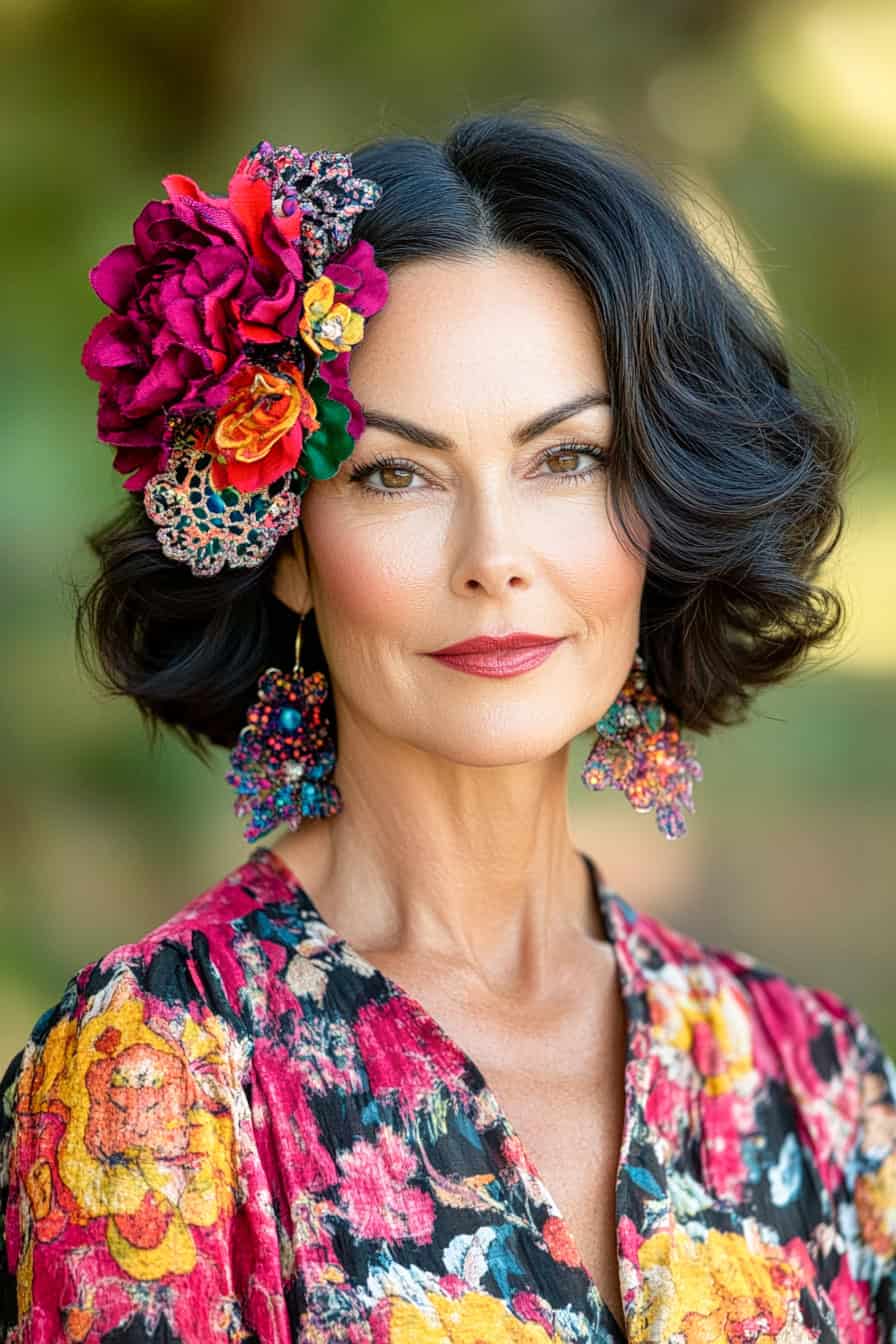 Woman with short bob hairstyle accessorized with stylish hair clips, adding volume and a unique touch to her fine hair.