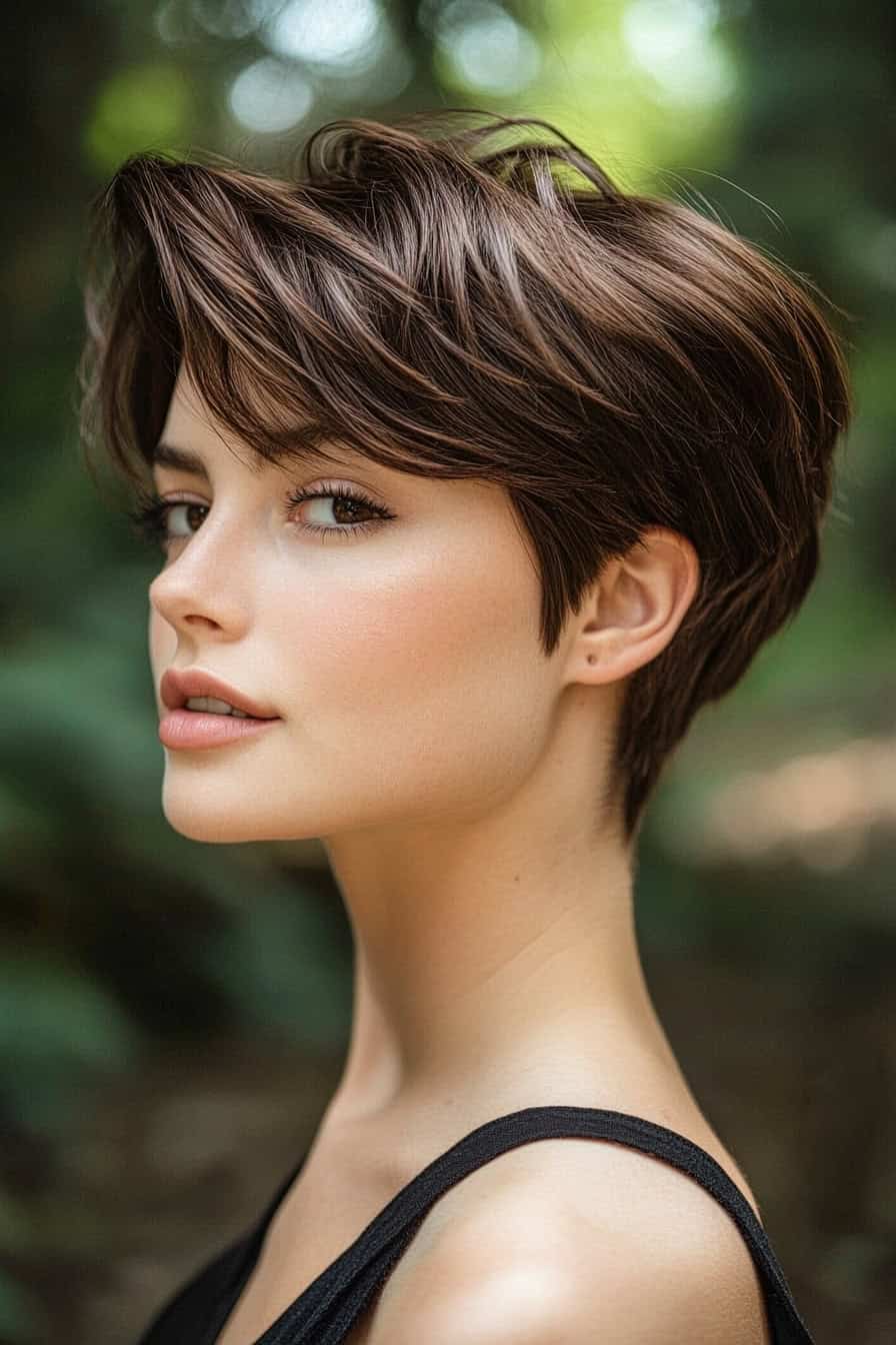 Woman with short brown textured pixie cut, adding modern flair and dimension to thick hair.