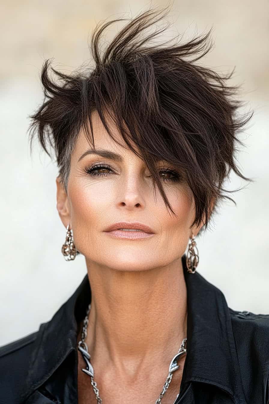 Woman with short edgy brown hair styled in a shag with undercut, adding volume and a modern edge to her fine hair.