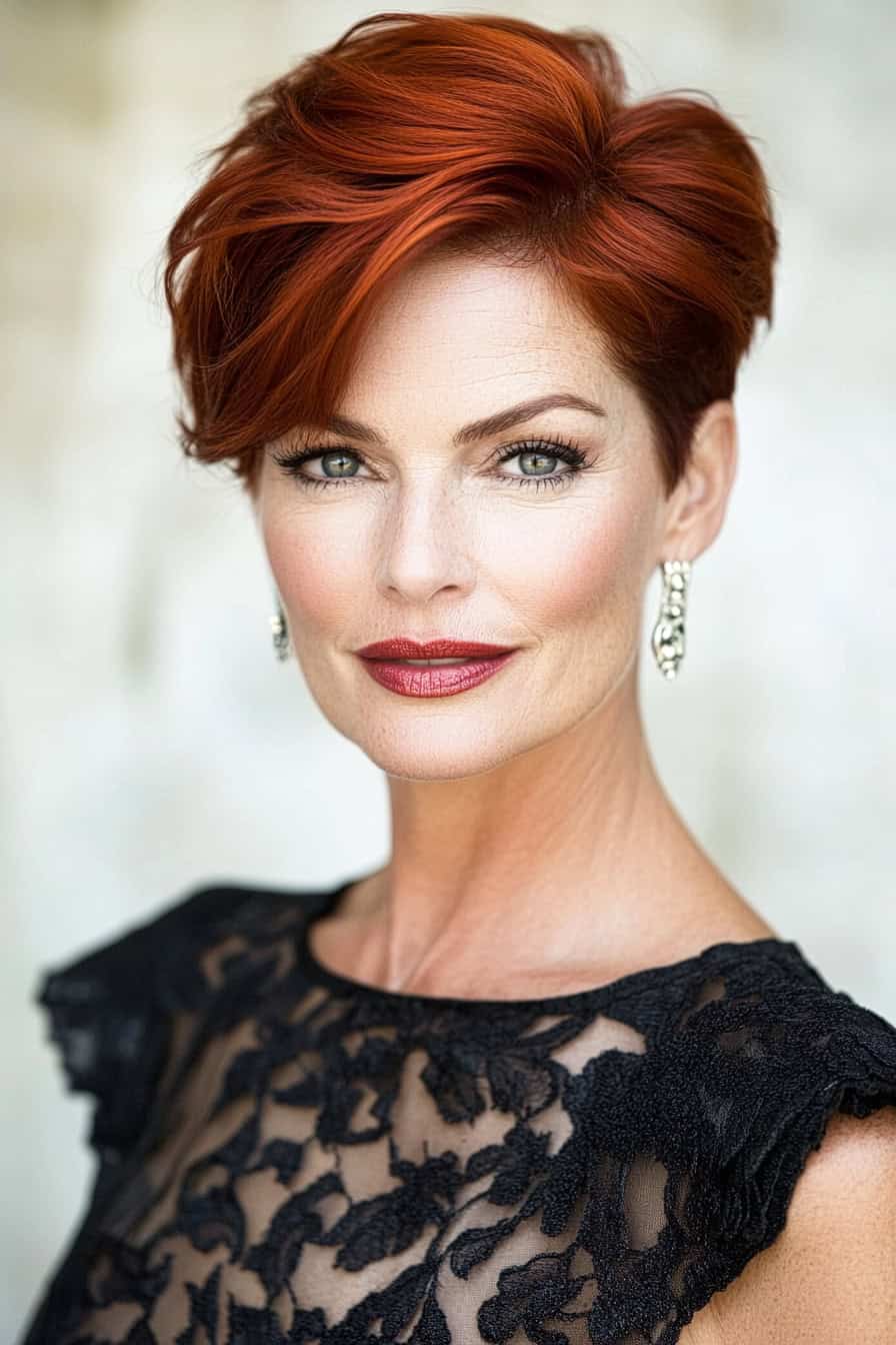 Woman with short red hair styled in an elegant tapered cut, adding volume and sophistication to her appearance.