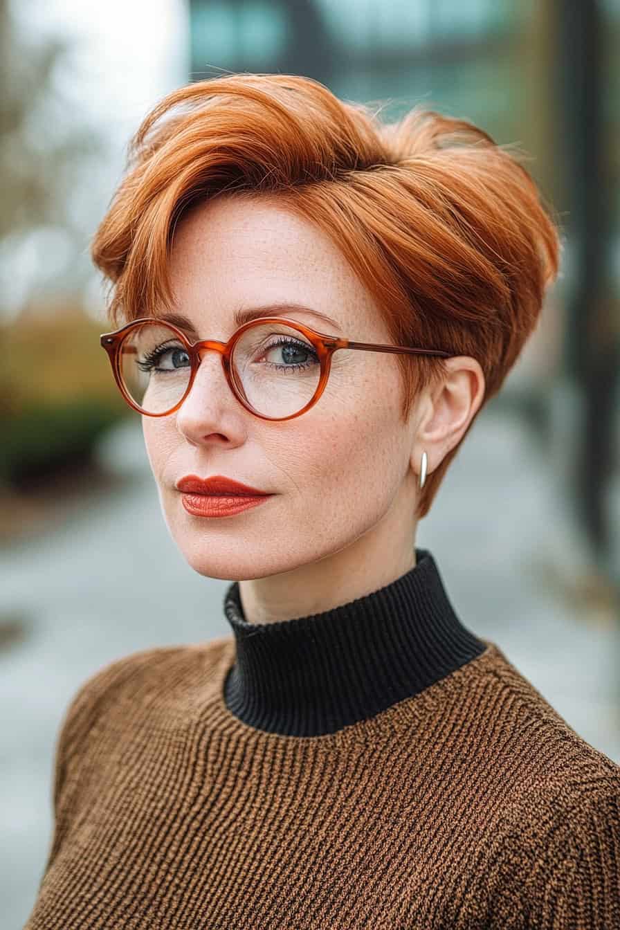 Stylish woman with short reddish-orange hair and glasses poses outdoors in a cozy sweater.