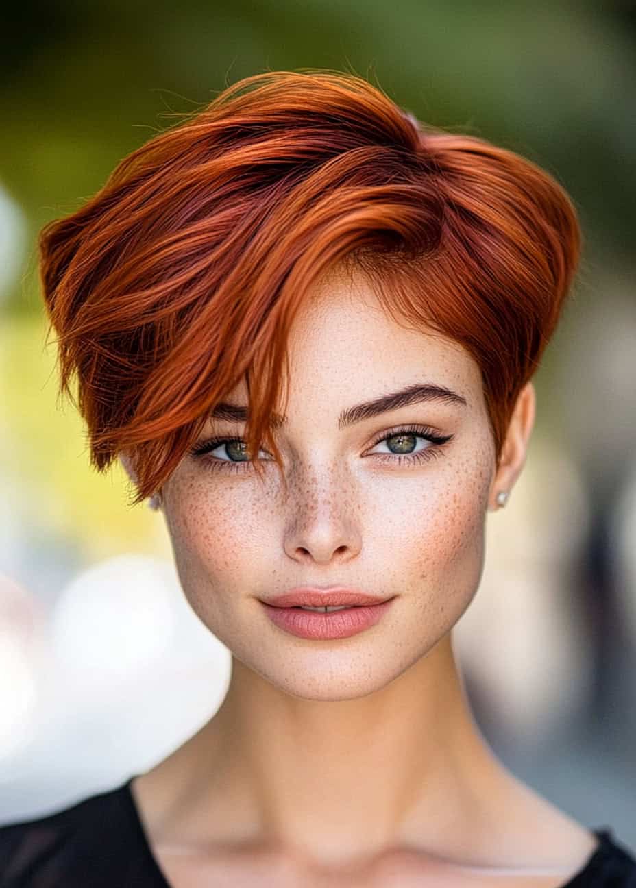 Woman with edgy asymmetrical brunette pixie cut, featuring longer strands on one side for a dramatic look.