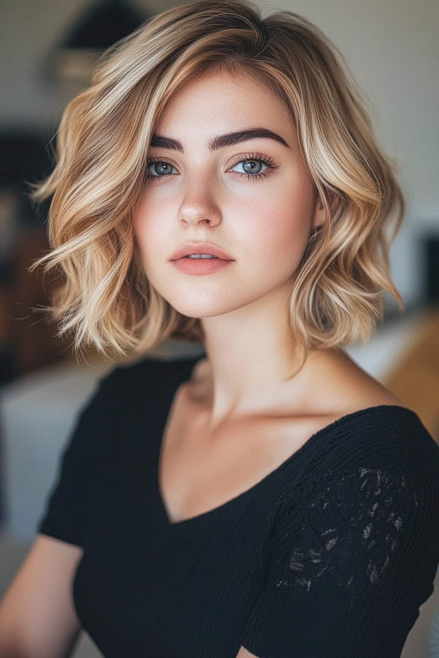 Woman with shoulder-length blonde hair styled in short beach waves with flair, offering a chic and stylish look.