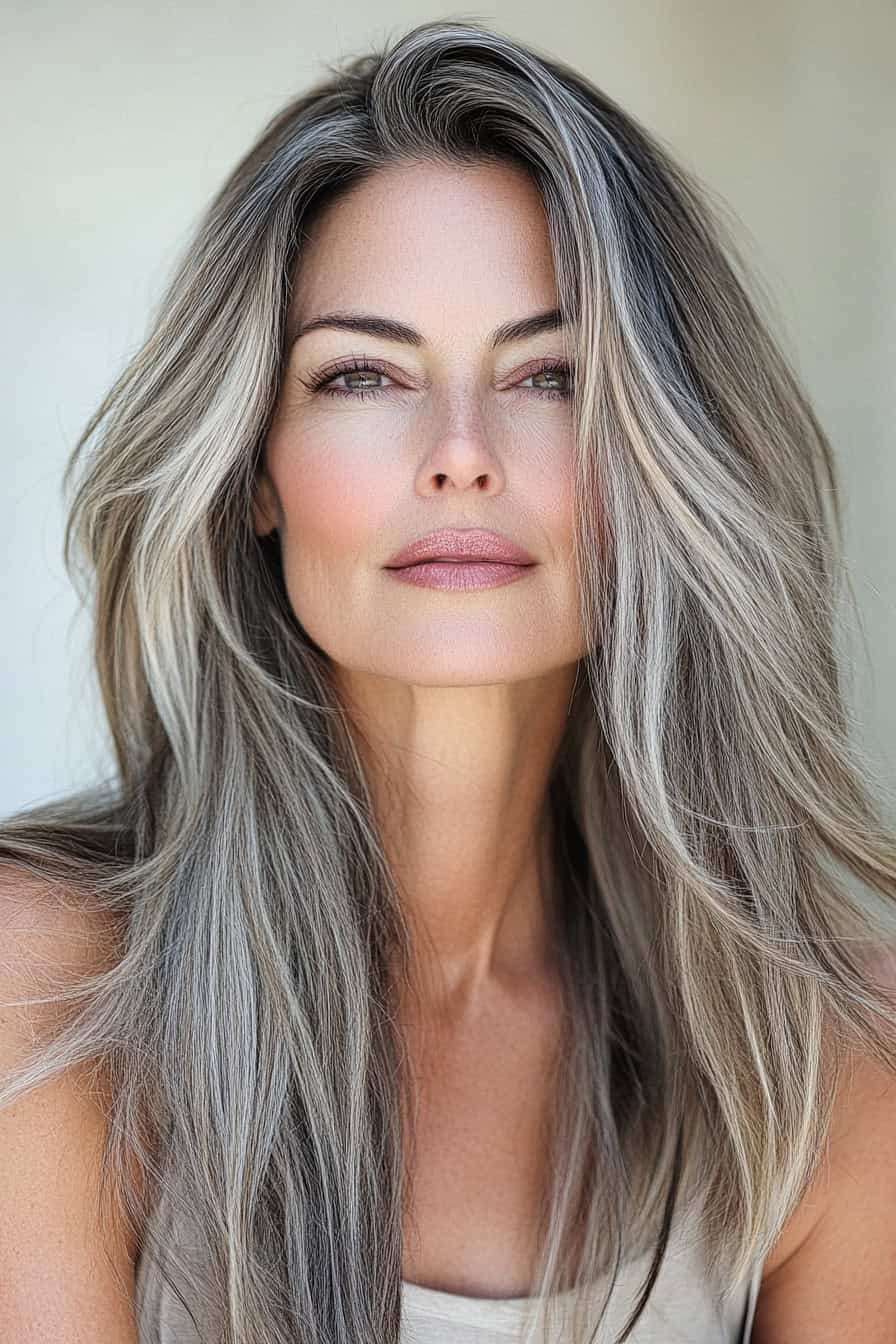 Woman with silvery blonde hair styled in chic long layers with subtle highlights, enhancing volume and modern elegance.