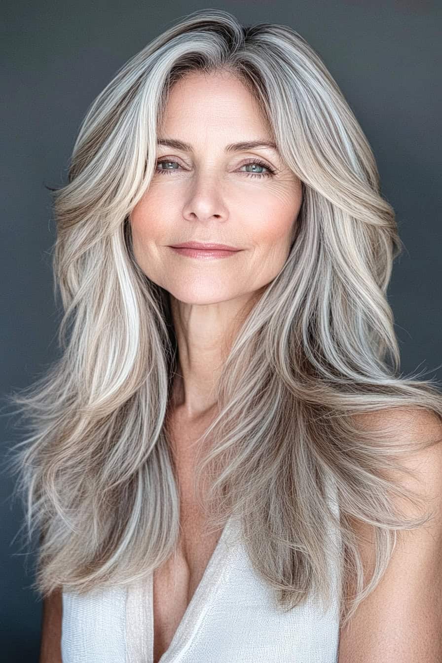 Woman with silver blonde hair waves styled in a long shag with face-framing layers, adding elegance and volume to her fine hair.