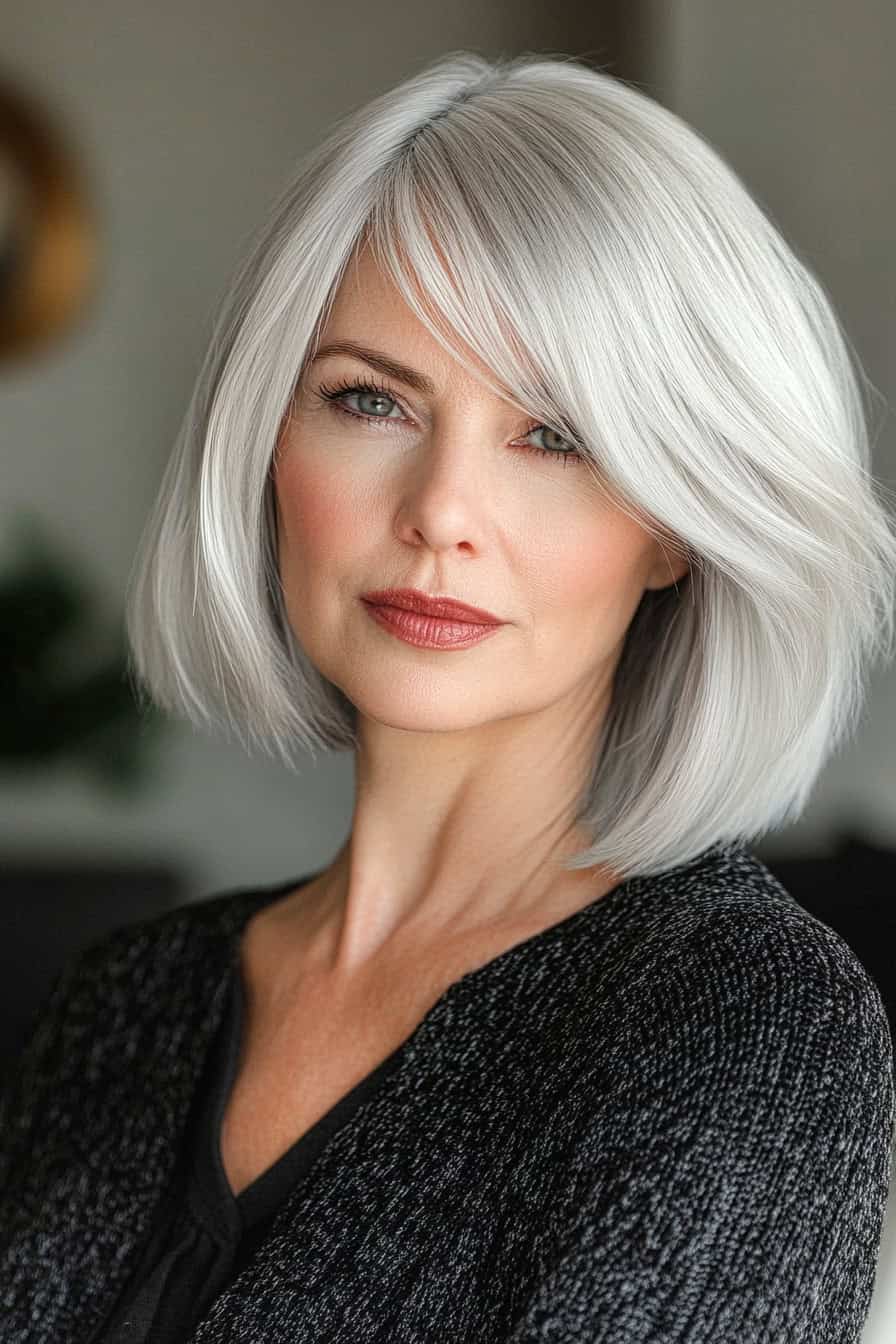 Woman with silver bob haircut styled bright silver for a chic and edgy look, complementing her glasses.