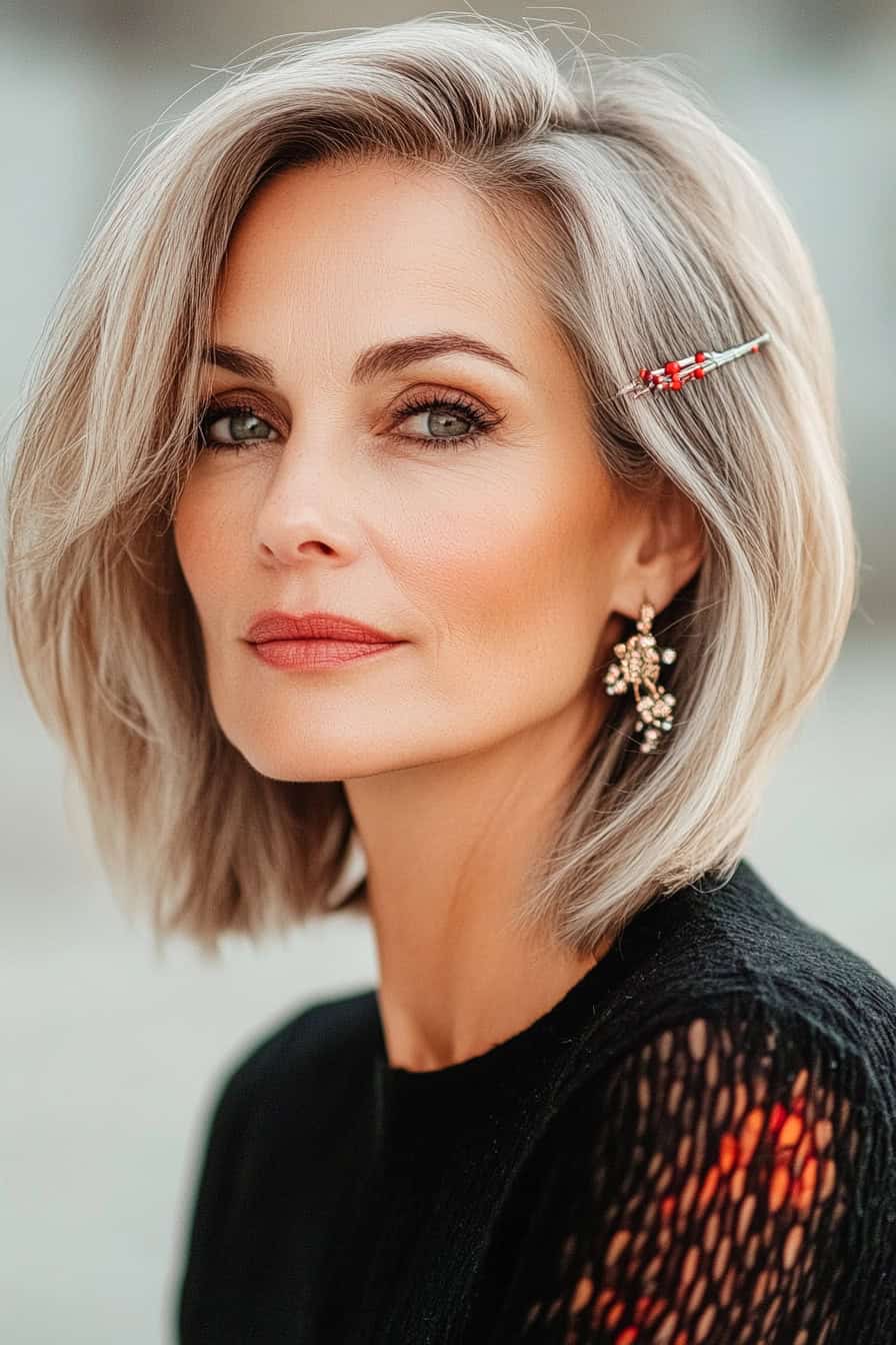 Woman with silver bob hairstyle accessorized with elegant hair clips, adding sophistication and volume to her fine hair.