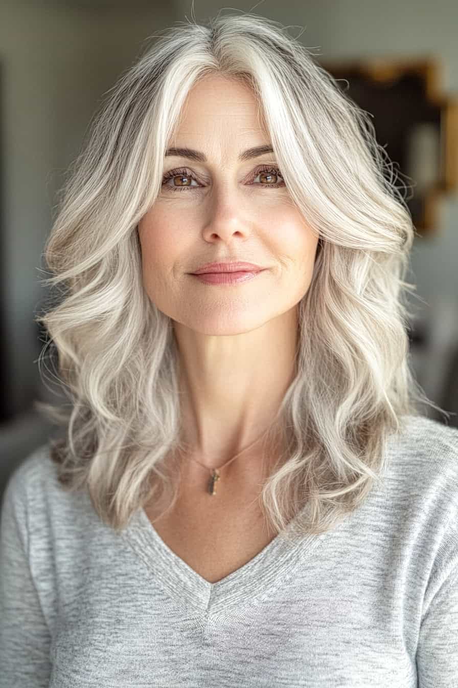 Woman with silver-gray wavy hair styled with relaxed face-framing layers, adding volume and a flattering shape to her look.