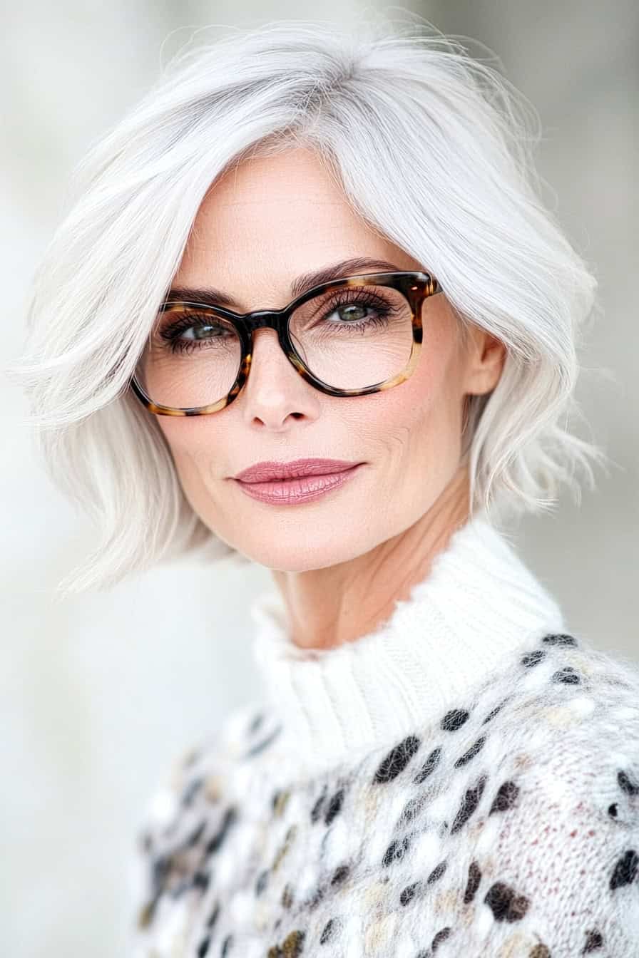 Woman with silver gray waves styled in a textured layered bob, adding movement and dimension to her hairstyle and complementing her glasses.