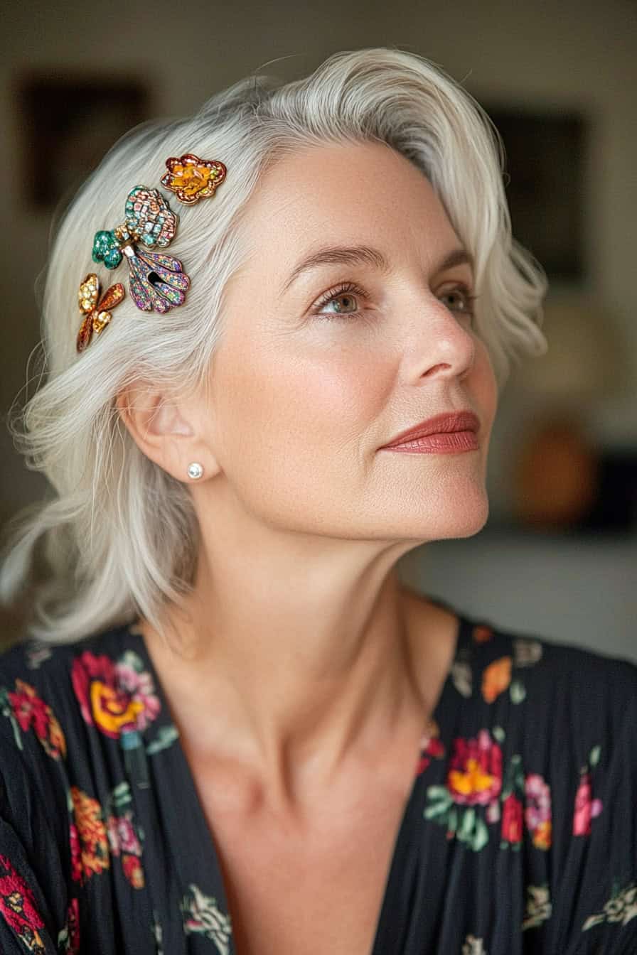 Woman with silver hair styled with elegant hair clips, adding flair and complementing her glasses.