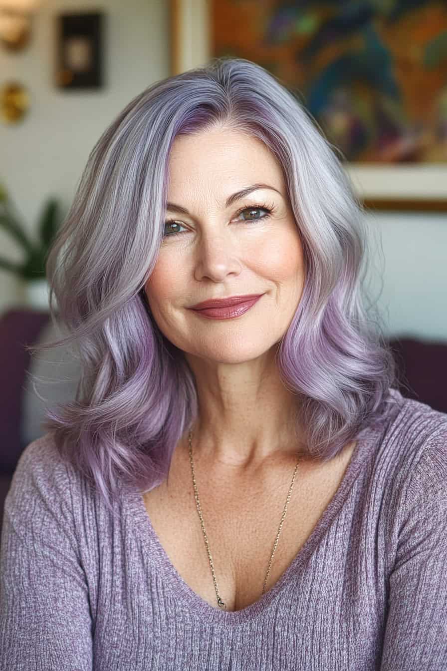 Woman with silver lavender waves styled using color melting techniques, achieving a seamless blend of colors.