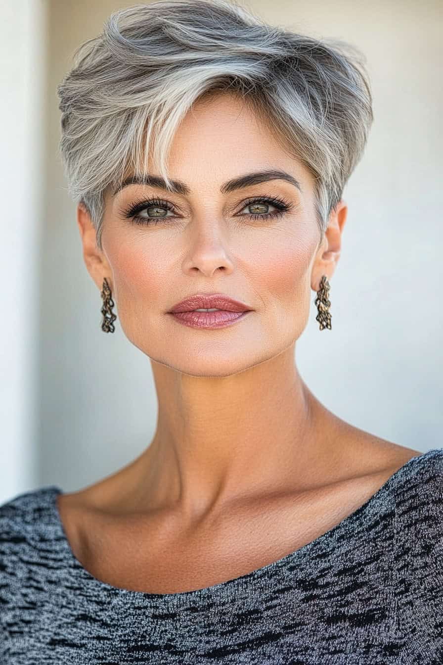 Woman with silver short hairstyle featuring a modern textured crop, adding sophistication and volume to her fine hair.