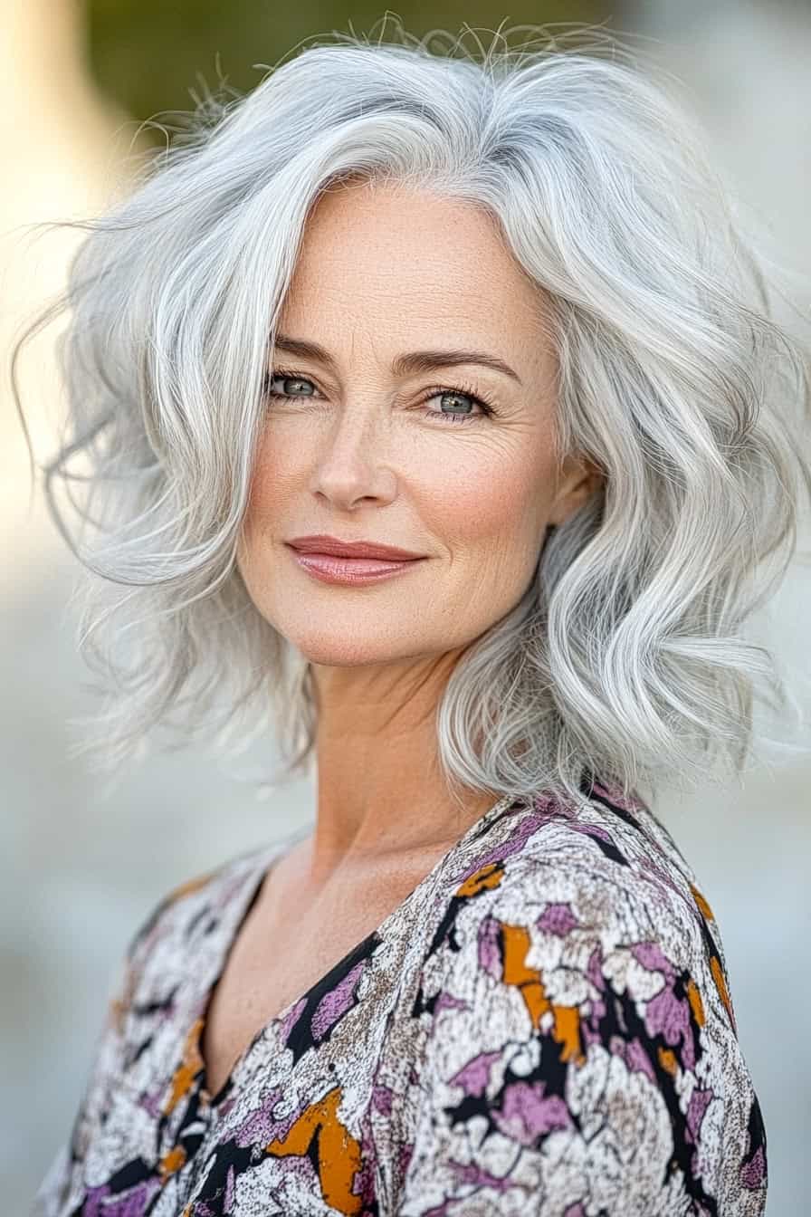 Woman with silver waves styled in a carefree messy bob, adding volume and a trendy, relaxed look.