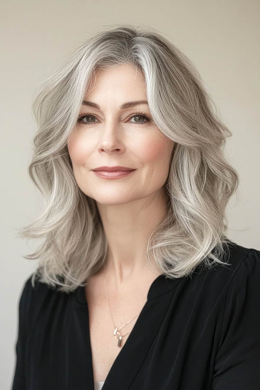 Woman with silvery wavy hair styled in a polished shag with deep waves, adding sophistication and volume to her fine hair.