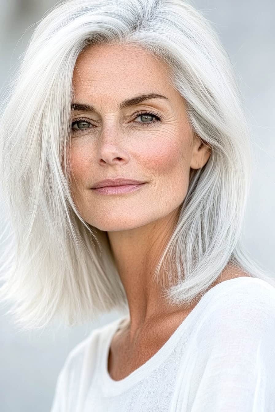 Woman with silver wavy hair styled in an effortless one-length cut, offering a classic and elegant look with added volume.