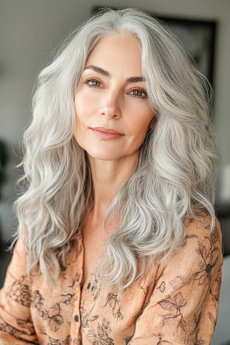 Woman with silver wavy hair styled in a graceful layered style with natural texture, adding volume and an organic look.